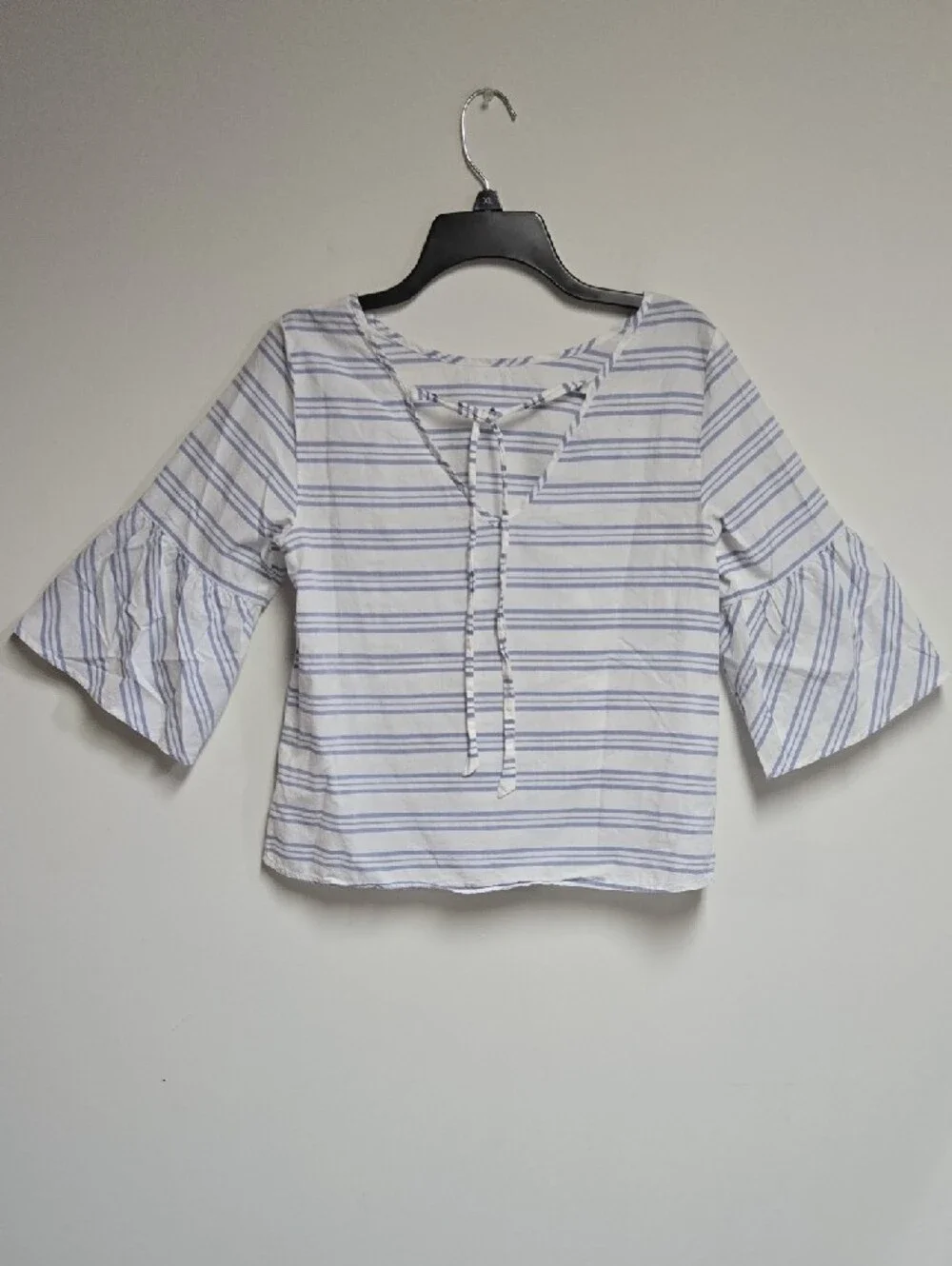 J. Crew White Blouse with Light Blue Stripes and Bell Sleeves